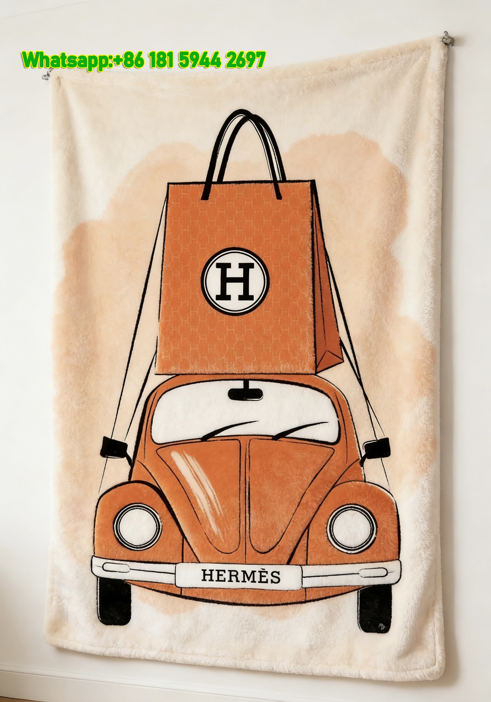 Hermès Inspired Orange Beetle Car & Shopping Bag Flannel Throw Blanket for Wall Decor & Sofa IMG_5430